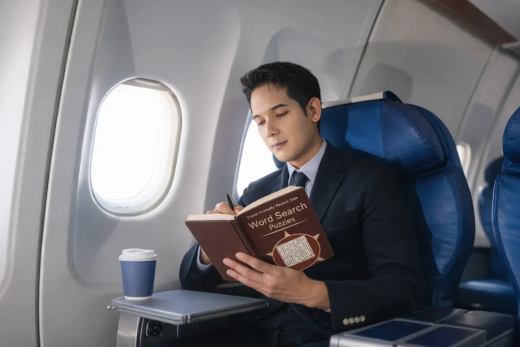 Executive solving puzzle inside a flight